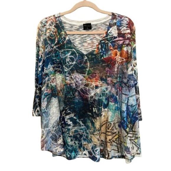 Inoah Knit V Neck Top Womens XL Multicolor Abstract Print 3/4 Sleeve Boho Artsy - Picture 1 of 6